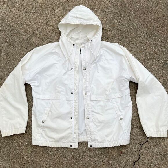 90s Vintage Minimal White Cotton Field Coat Hooded Jacket Medium Women’s - Picture 3 of 4